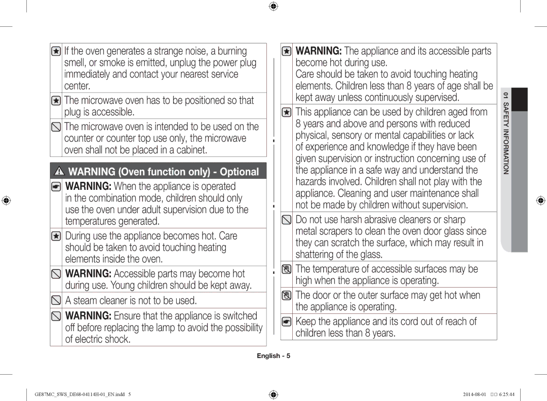 Samsung GE87MC/SWS manual Steam cleaner is not to be used 