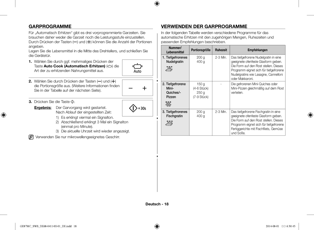 Samsung GE87MC/SWS manual Verwenden der Garprogramme, Taste Auto Cook Automatisch Erhitzen die 