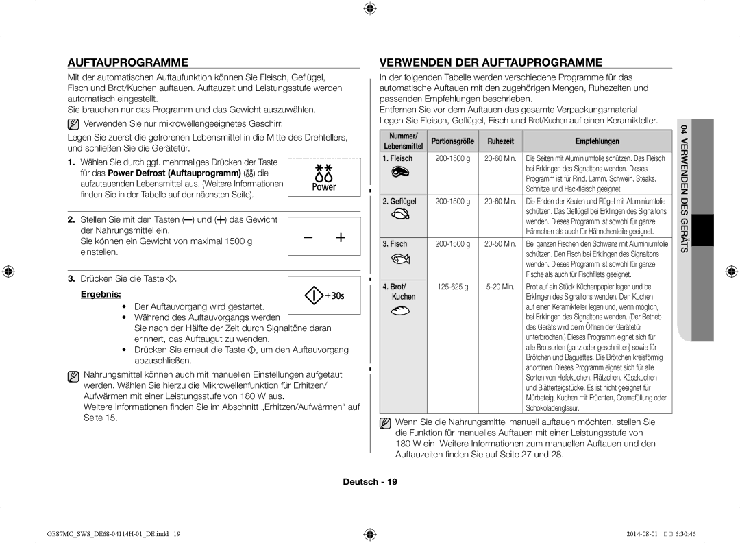 Samsung GE87MC/SWS manual Verwenden der Auftauprogramme, Ergebnis, Ruhezeit Empfehlungen 