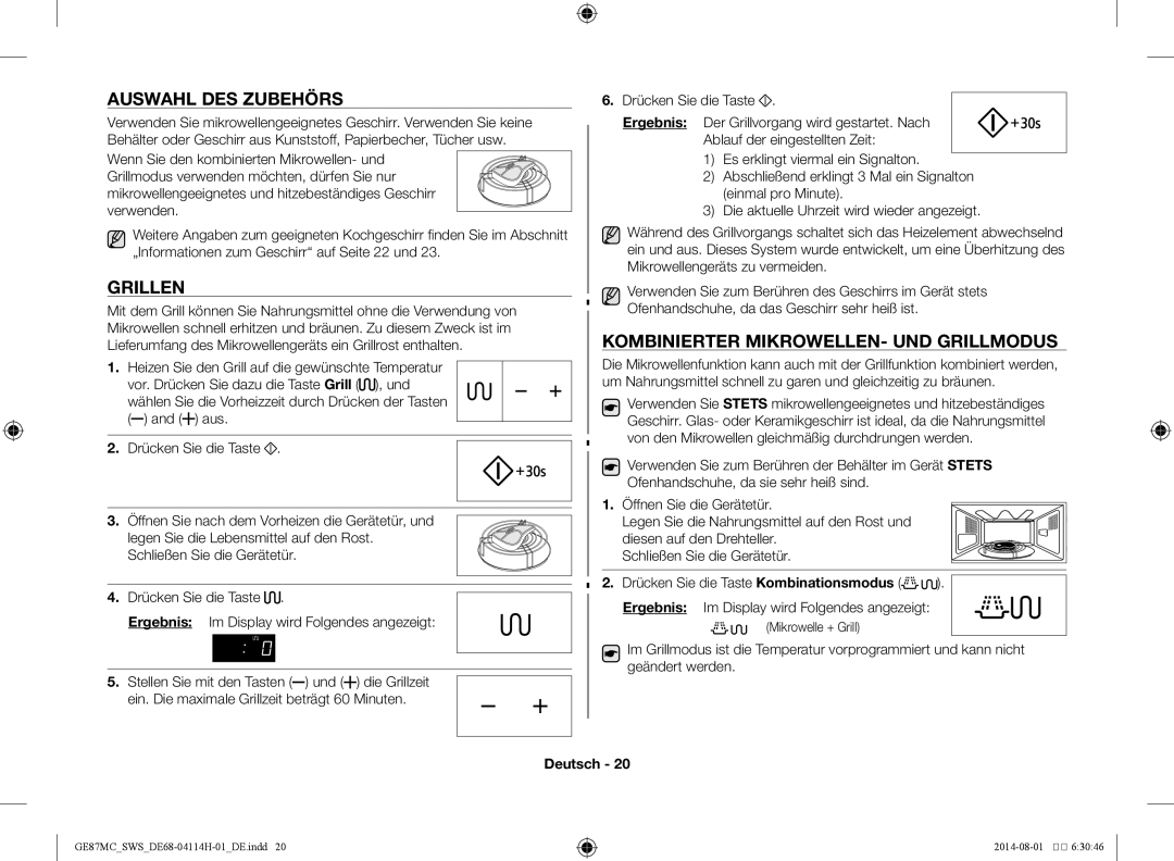 Samsung GE87MC/SWS manual Auswahl des Zubehörs, Grillen, Kombinierter Mikrowellen- und Grillmodus 