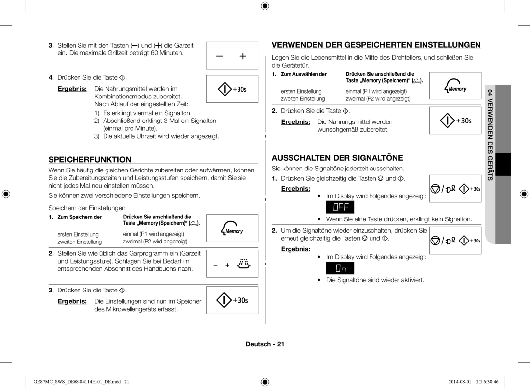 Samsung GE87MC/SWS manual Verwenden der gespeicherten Einstellungen, Speicherfunktion, Ausschalten der Signaltöne 