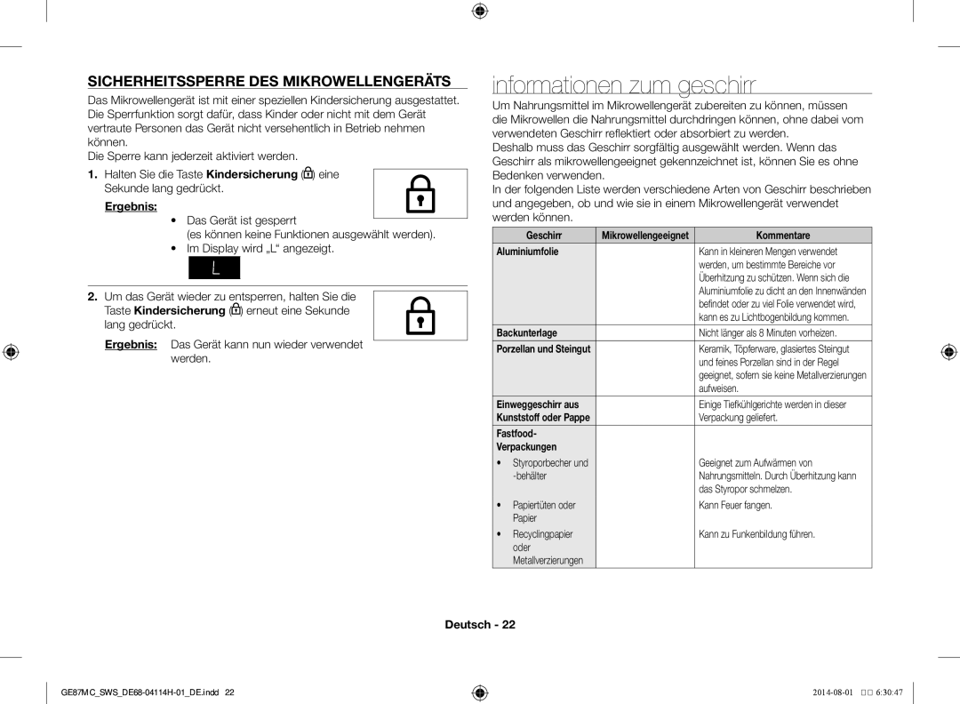 Samsung GE87MC/SWS manual Informationen zum geschirr, Sicherheitssperre des Mikrowellengeräts 