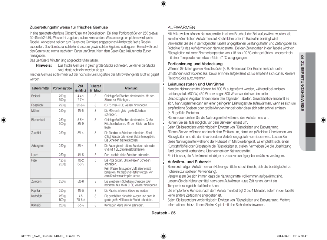 Samsung GE87MC/SWS manual Aufwärmen 