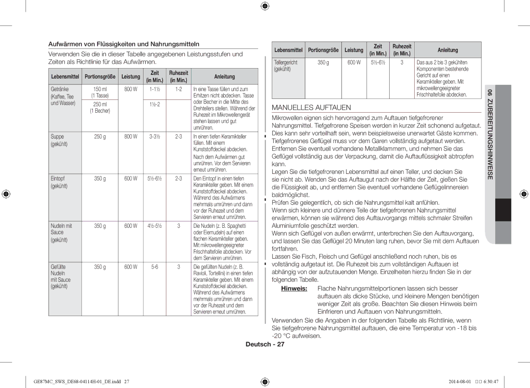 Samsung GE87MC/SWS manual Manuelles Auftauen 