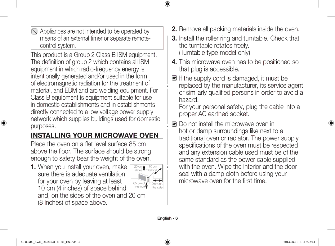 Samsung GE87MC/SWS manual Installing your microwave oven 