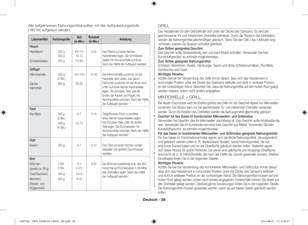 Samsung GE87MC/SWS manual Mikrowelle + Grill, Zum Grillen geeignetes Geschirr 