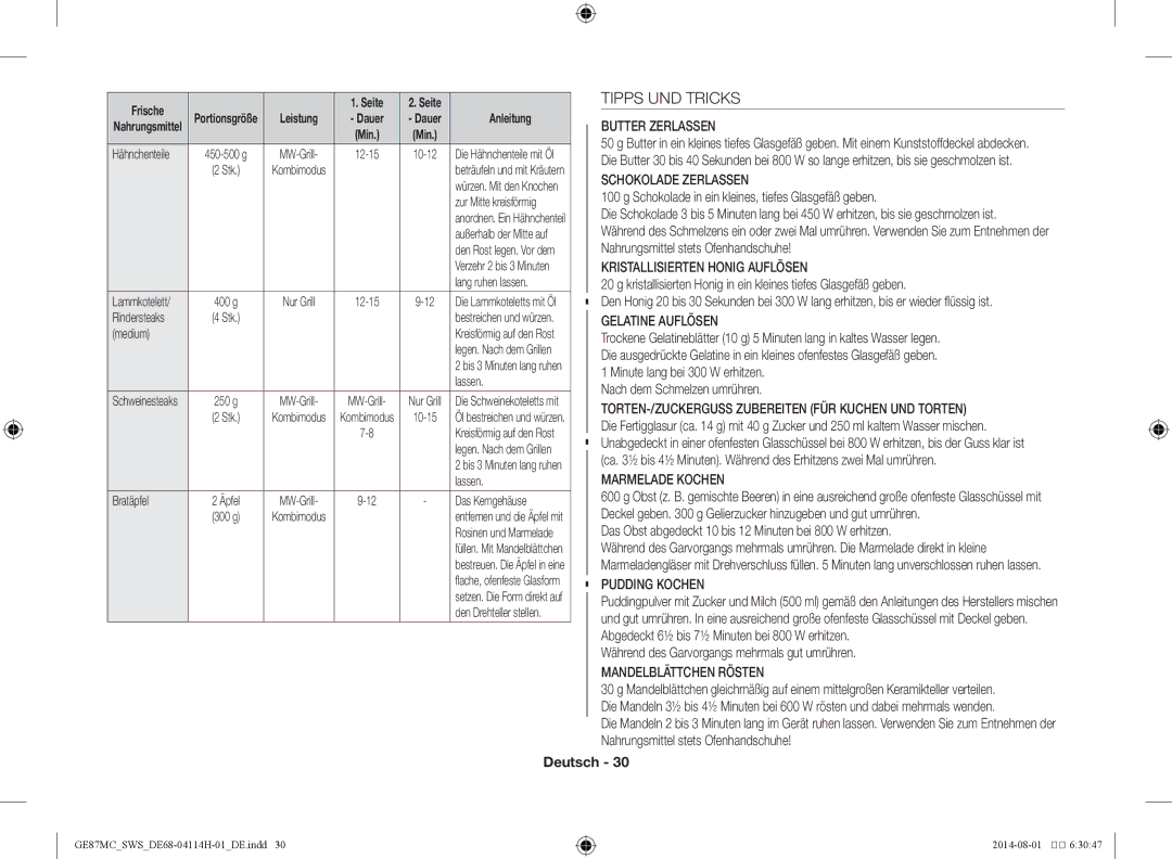 Samsung GE87MC/SWS Tipps UND Tricks, Das Obst abgedeckt 10 bis 12 Minuten bei 800 W erhitzen, Bratäpfel, Das Kerngehäuse 