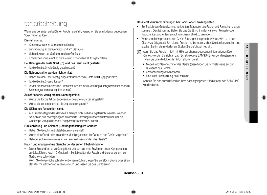 Samsung GE87MC/SWS manual Fehlerbehebung, Ist die Gerätetür geschlossen? 