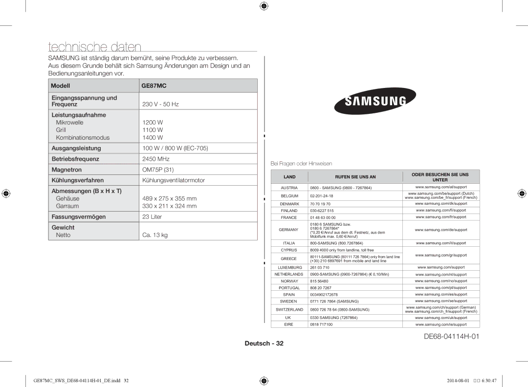 Samsung GE87MC/SWS manual Technische daten, Modell, Betriebsfrequenz 2450 MHz Magnetron OM75P Kühlungsverfahren 