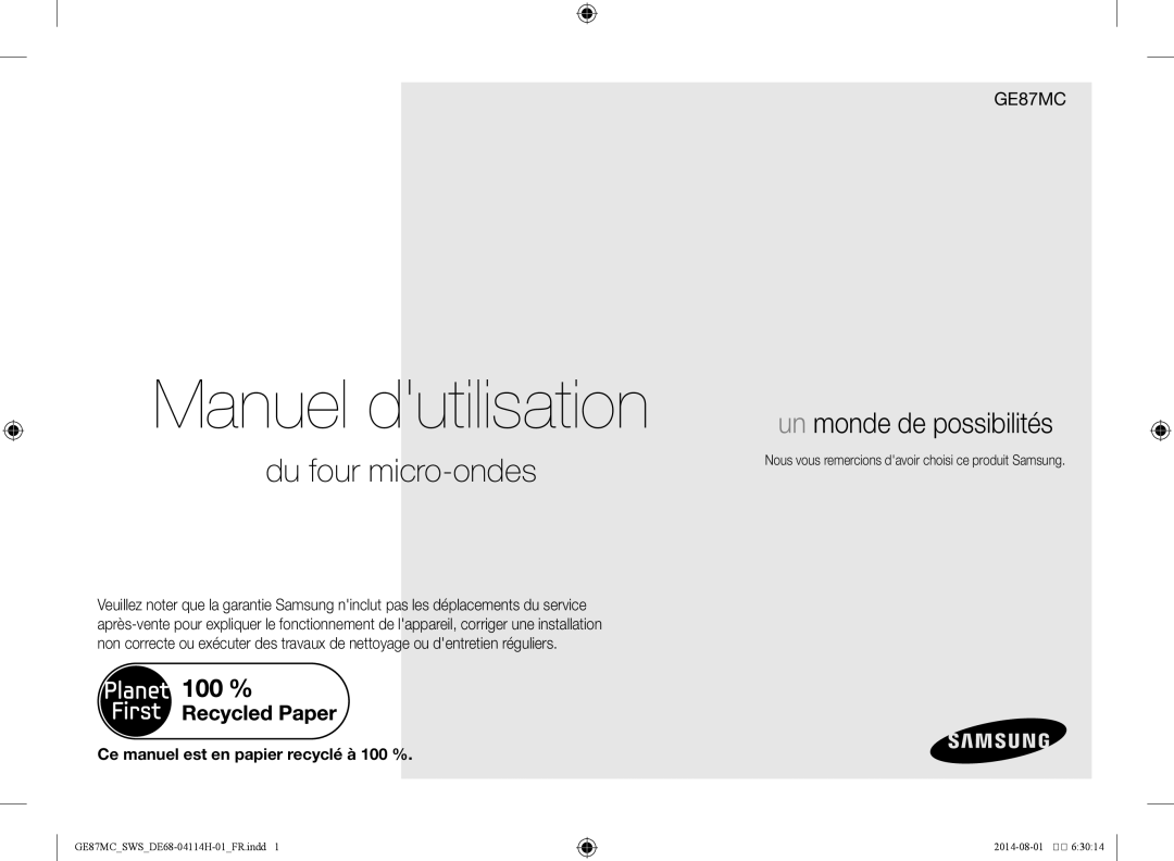 Samsung GE87MC/SWS manual Manuel dutilisation, Nous vous remercions davoir choisi ce produit Samsung 