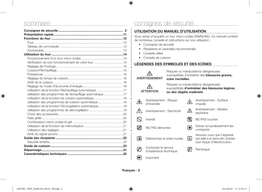 Samsung GE87MC/SWS manual Consignes de sécurité, Français 