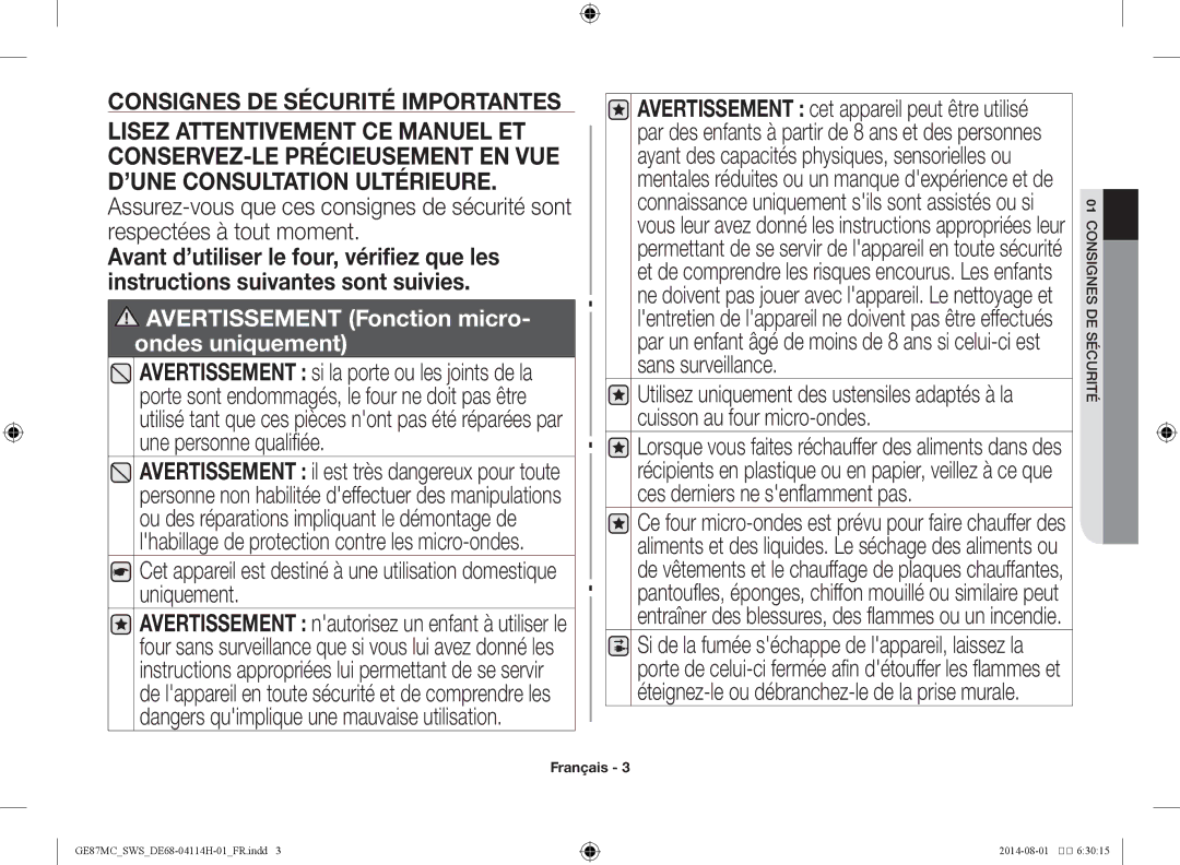 Samsung GE87MC/SWS manual Avertissement Fonction micro- ondes uniquement, Rit sécue d gnes 01 consi 