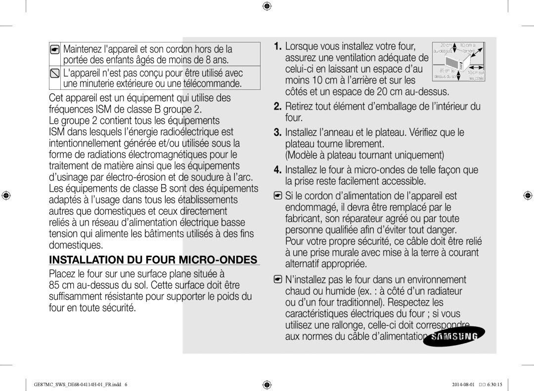 Samsung GE87MC/SWS Installation du four micro-ondes, Placez le four sur une surface plane située à, Alternatif appropriée 
