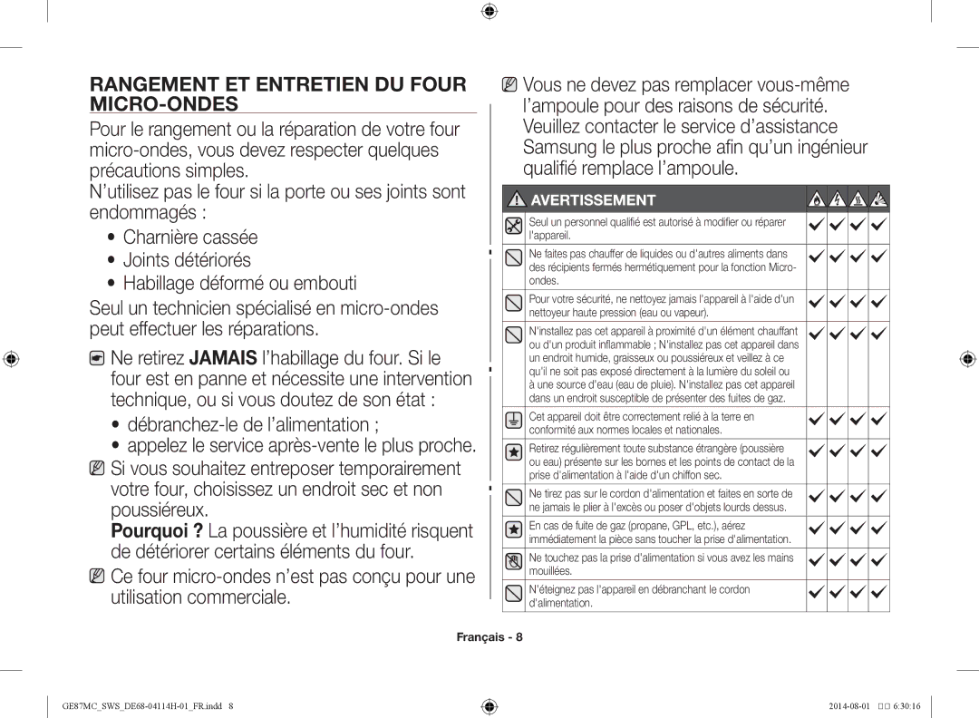 Samsung GE87MC/SWS manual Rangement et entretien du four micro-ondes, Débranchez-le de l’alimentation 