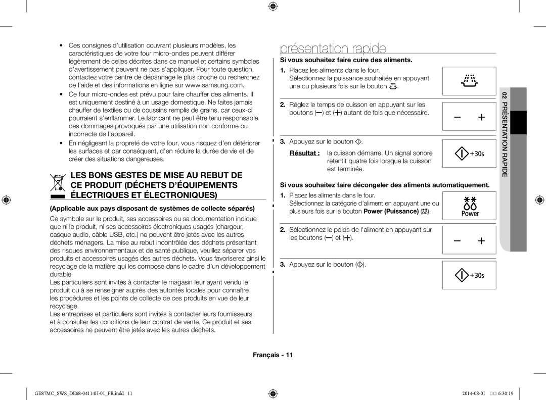 Samsung GE87MC/SWS manual Présentation rapide, Si vous souhaitez faire cuire des aliments, Placez les aliments dans le four 