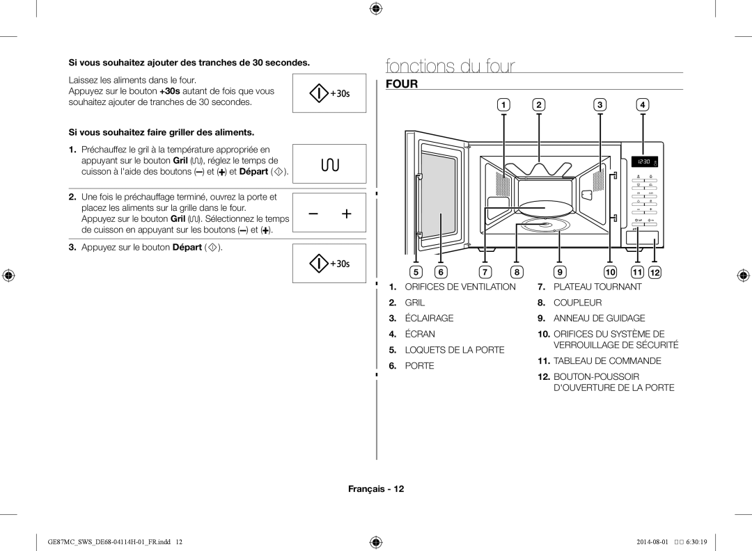 Samsung GE87MC/SWS manual Fonctions du four, Four, Si vous souhaitez ajouter des tranches de 30 secondes 