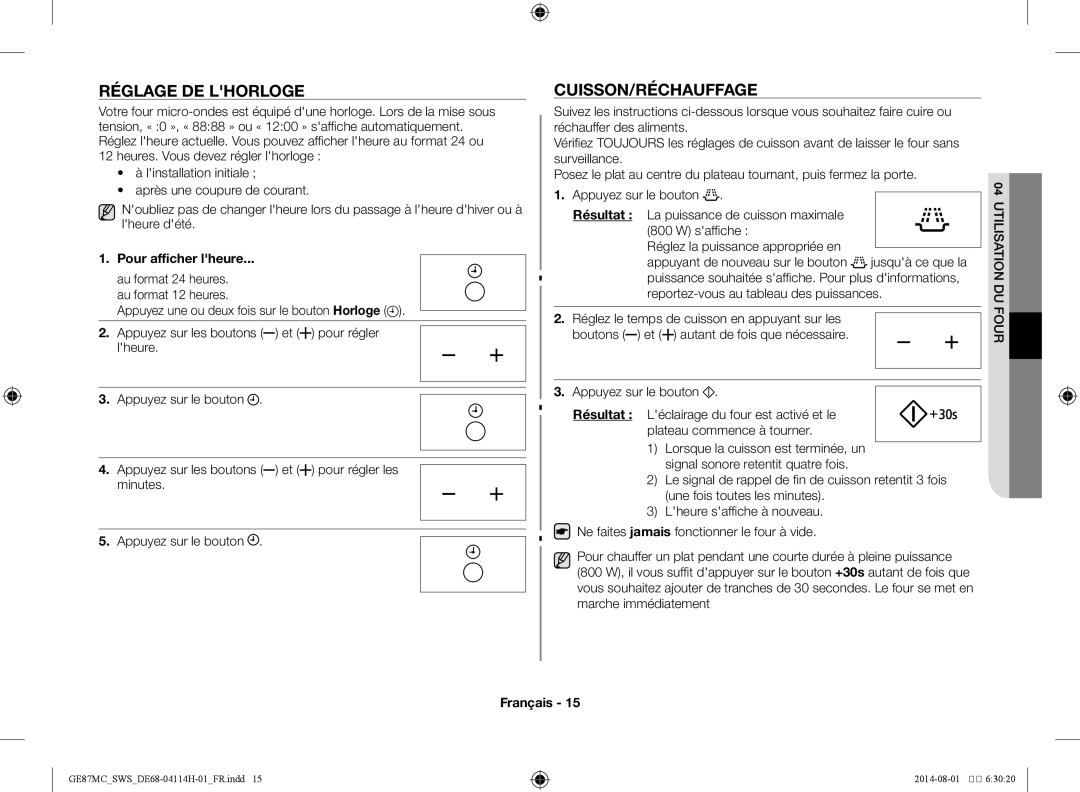 Samsung GE87MC/SWS manual Réglage de lhorloge, Cuisson/Réchauffage, Pour afficher lheure 