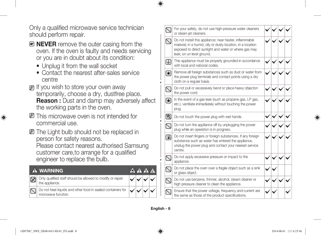 Samsung GE87MC/SWS manual This microwave oven is not intended for commercial use 