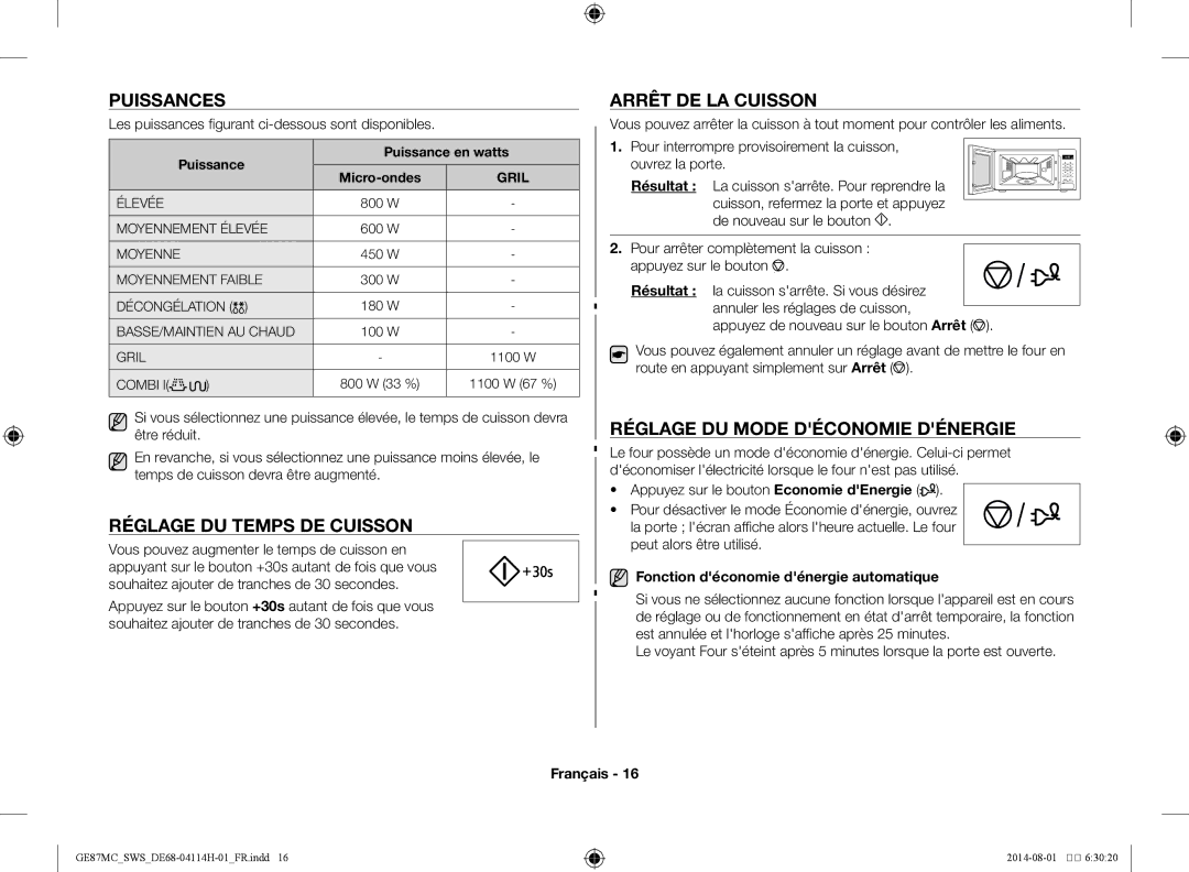 Samsung GE87MC/SWS manual Puissances, Réglage du temps de cuisson, Arrêt de la cuisson, Réglage du mode déconomie dénergie 