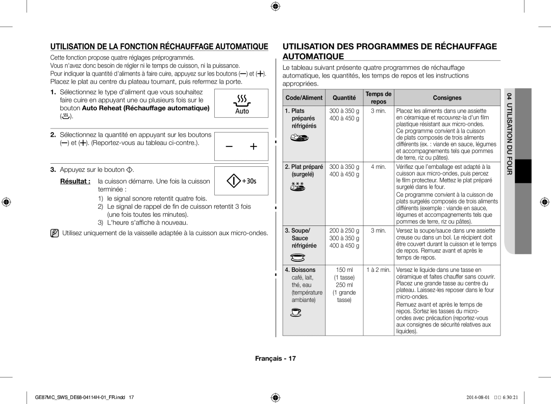 Samsung GE87MC/SWS manual Utilisation de la fonction Réchauffage automatique, Quantité, Consignes 