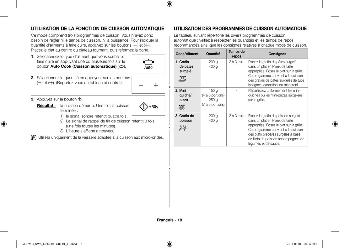 Samsung GE87MC/SWS Utilisation de la fonction de cuisson automatique, Utilisation des programmes de cuisson automatique 