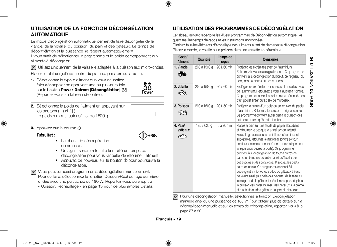 Samsung GE87MC/SWS manual Utilisation de la fonction Décongélation automatique, Utilisation des programmes de décongélation 