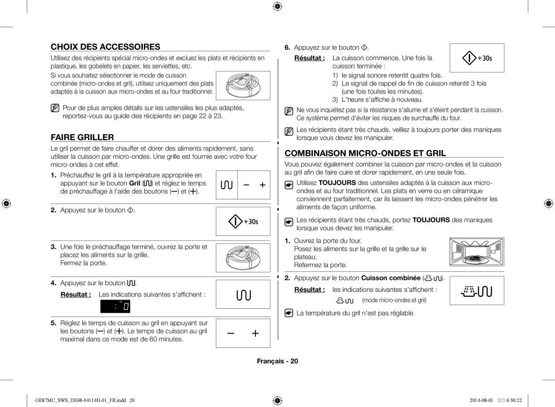 Samsung GE87MC/SWS manual Choix des accessoires, Faire griller, Combinaison micro-ondes et gril 