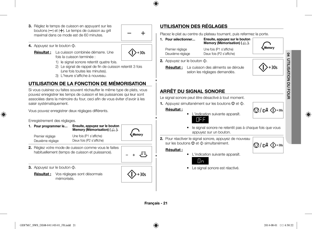 Samsung GE87MC/SWS manual Utilisation de la fonction de mémorisation, Utilisation des réglages, Arrêt du signal sonore 