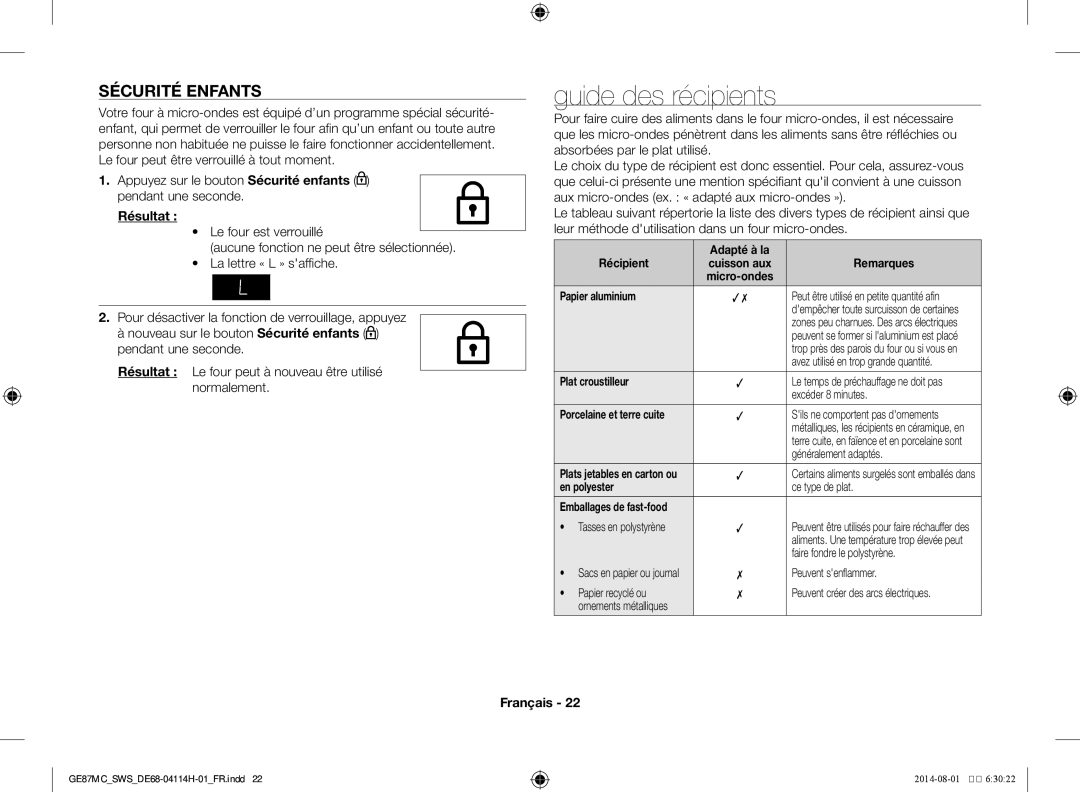 Samsung GE87MC/SWS manual Guide des récipients, Sécurité enfants 