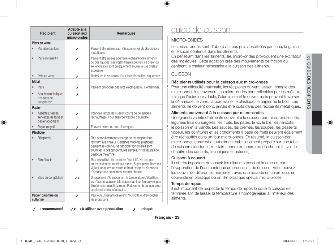 Samsung GE87MC/SWS manual Guide de cuisson, Micro-Ondes, Cuisson 