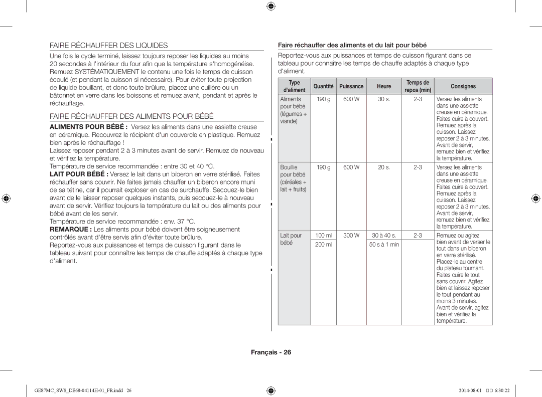 Samsung GE87MC/SWS manual Faire Réchauffer DES Liquides, Faire Réchauffer DES Aliments Pour Bébé, Heure 