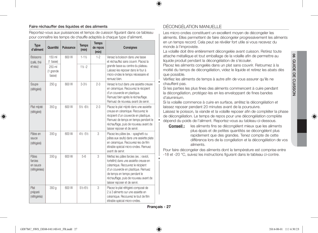 Samsung GE87MC/SWS manual Décongélation Manuelle, Conseil 