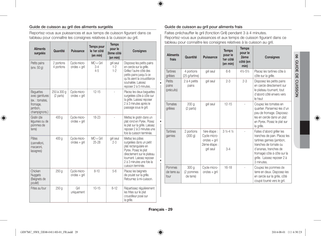 Samsung GE87MC/SWS Guide de cuisson au gril des aliments surgelés, Guide de cuisson au gril pour aliments frais, Frais 
