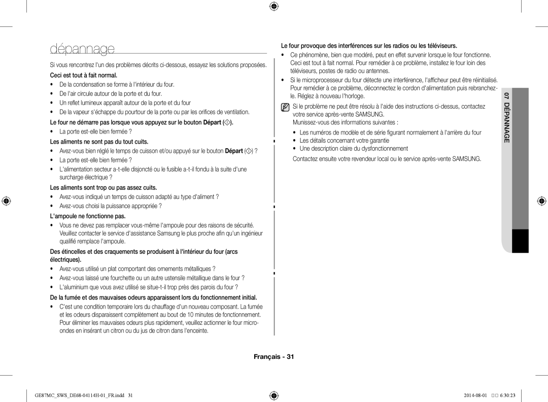 Samsung GE87MC/SWS manual Dépannage, 07 dépannage 