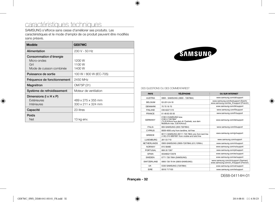 Samsung GE87MC/SWS manual Caractéristiques techniques, Modèle 