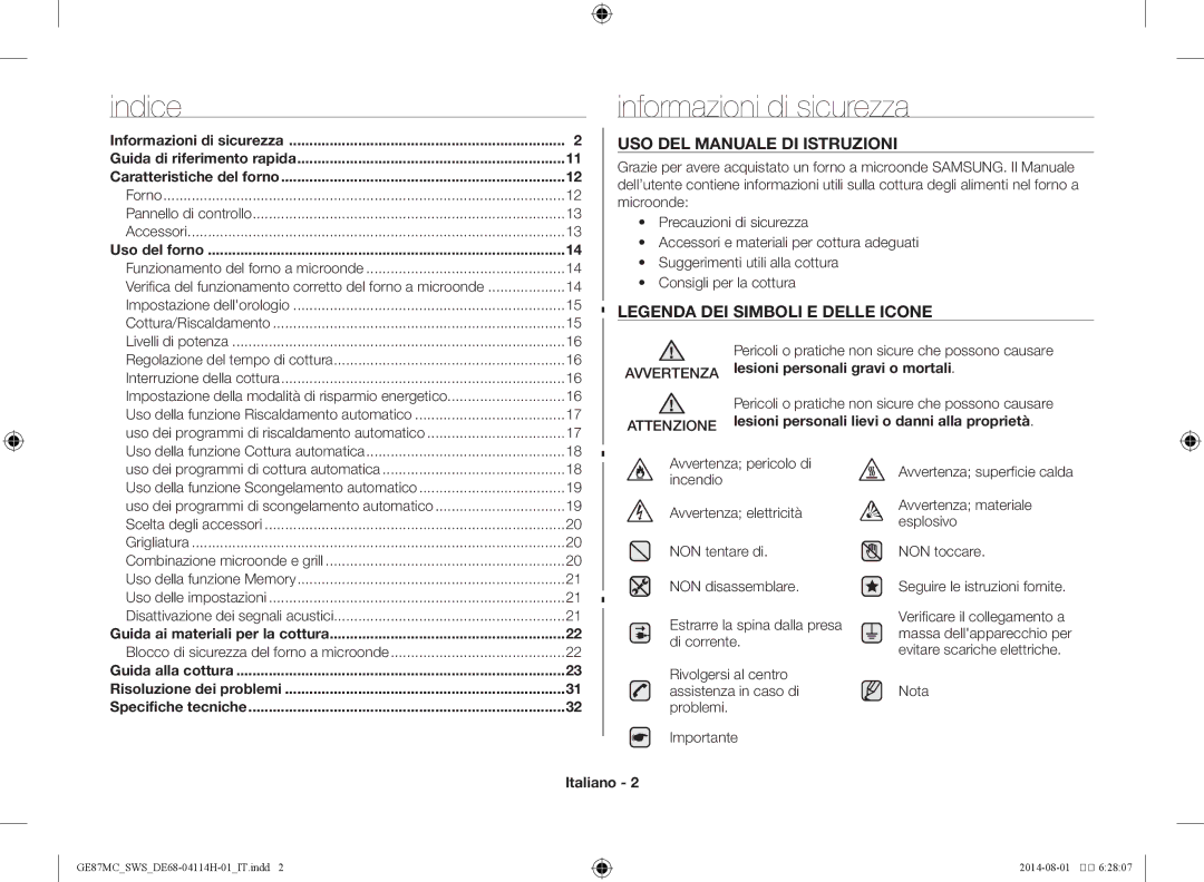 Samsung GE87MC/SWS Informazioni di sicurezza, Forno Pannello di controllo Accessori, Funzionamento del forno a microonde 