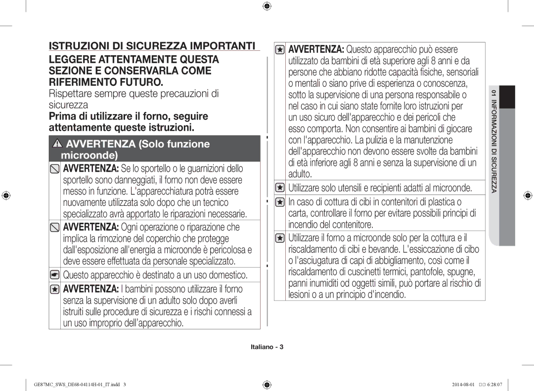 Samsung GE87MC/SWS manual Rispettare sempre queste precauzioni di sicurezza, Icuirezzas d mazioni01for 