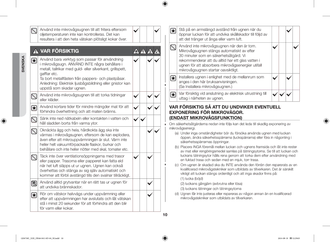 Samsung GE87MC/XEE manual VAR Försiktig 