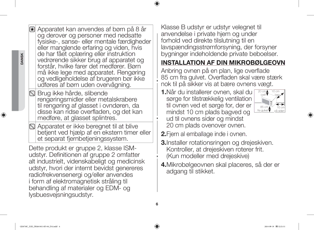 Samsung GE87MC/XEE manual Installation AF DIN Mikrobølgeovn 