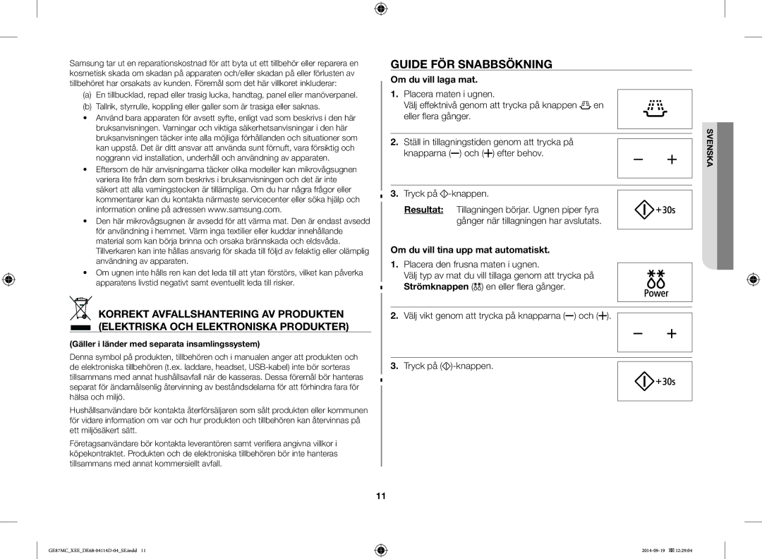 Samsung GE87MC/XEE manual Guide FÖR Snabbsökning, Om du vill laga mat, Om du vill tina upp mat automatiskt 