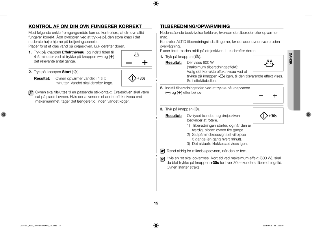 Samsung GE87MC/XEE manual Kontrol AF OM DIN OVN Fungerer Korrekt, Tilberedning/Opvarmning 