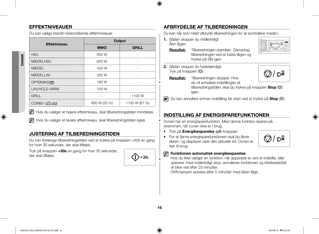 Samsung GE87MC/XEE manual Effektniveauer, Justering AF Tilberedningstiden, Afbrydelse AF Tilberedningen 