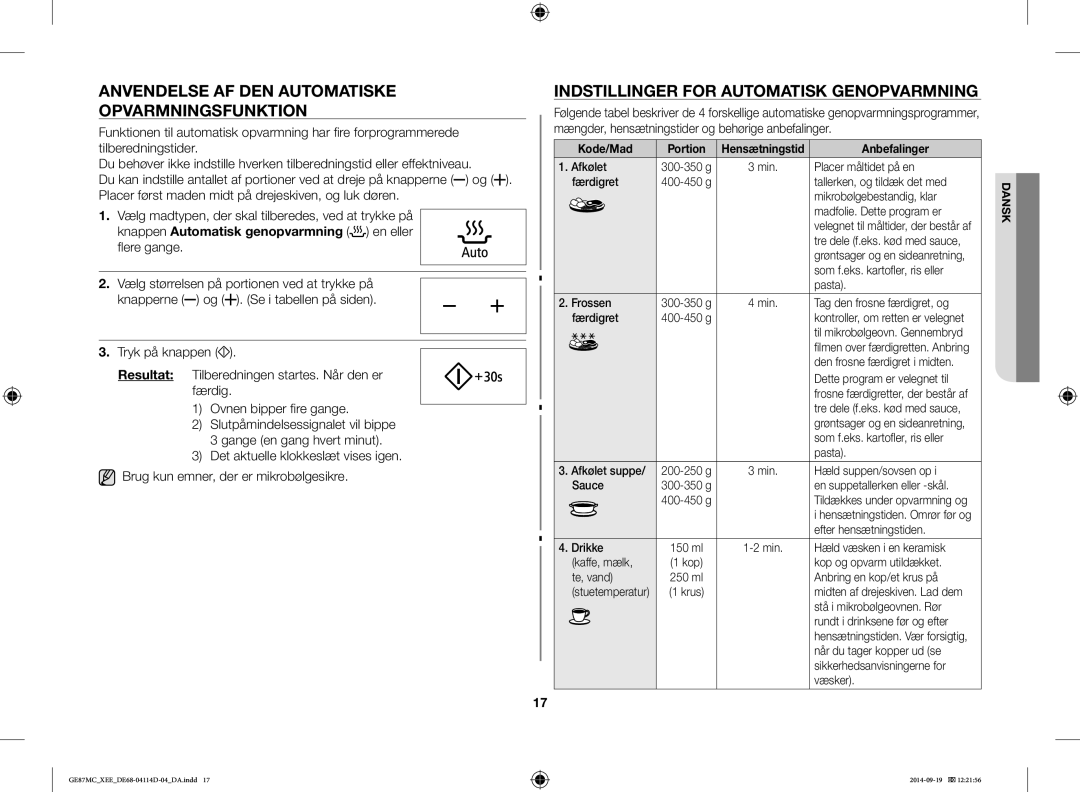 Samsung GE87MC/XEE Anvendelse AF DEN Automatiske Opvarmningsfunktion, Indstillinger for Automatisk Genopvarmning, Kode/Mad 