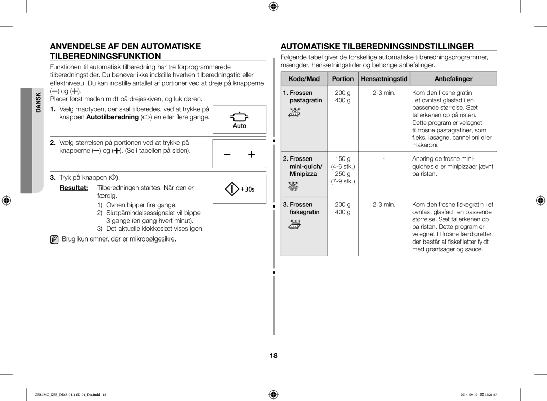 Samsung GE87MC/XEE manual Anvendelse AF DEN Automatiske Tilberedningsfunktion, Automatiske Tilberedningsindstillinger 