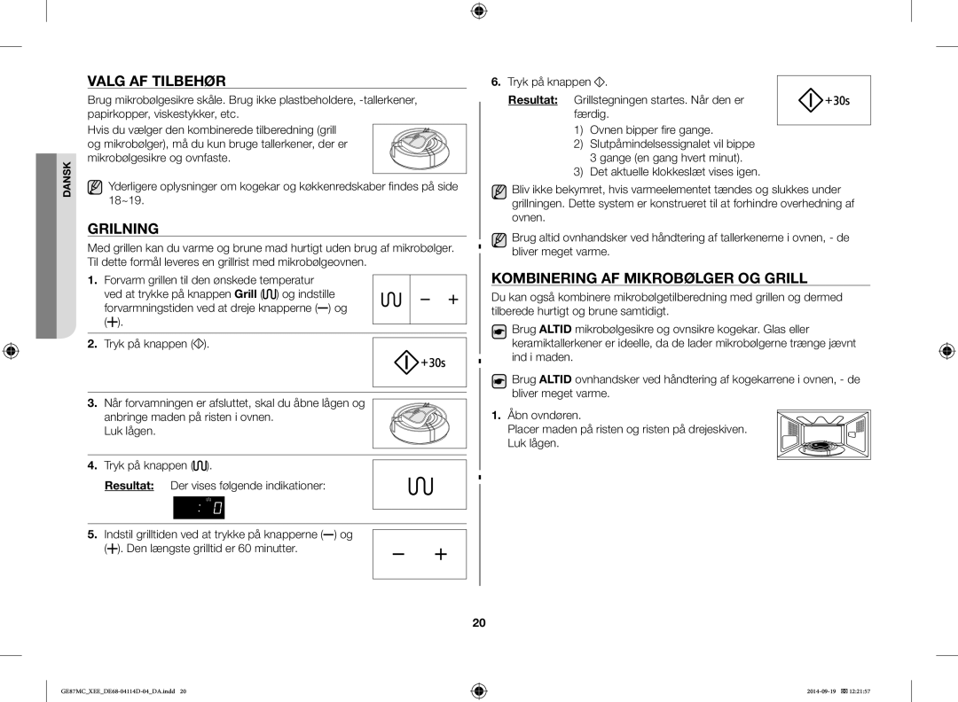 Samsung GE87MC/XEE manual Valg AF Tilbehør, Grilning, Kombinering AF Mikrobølger OG Grill 