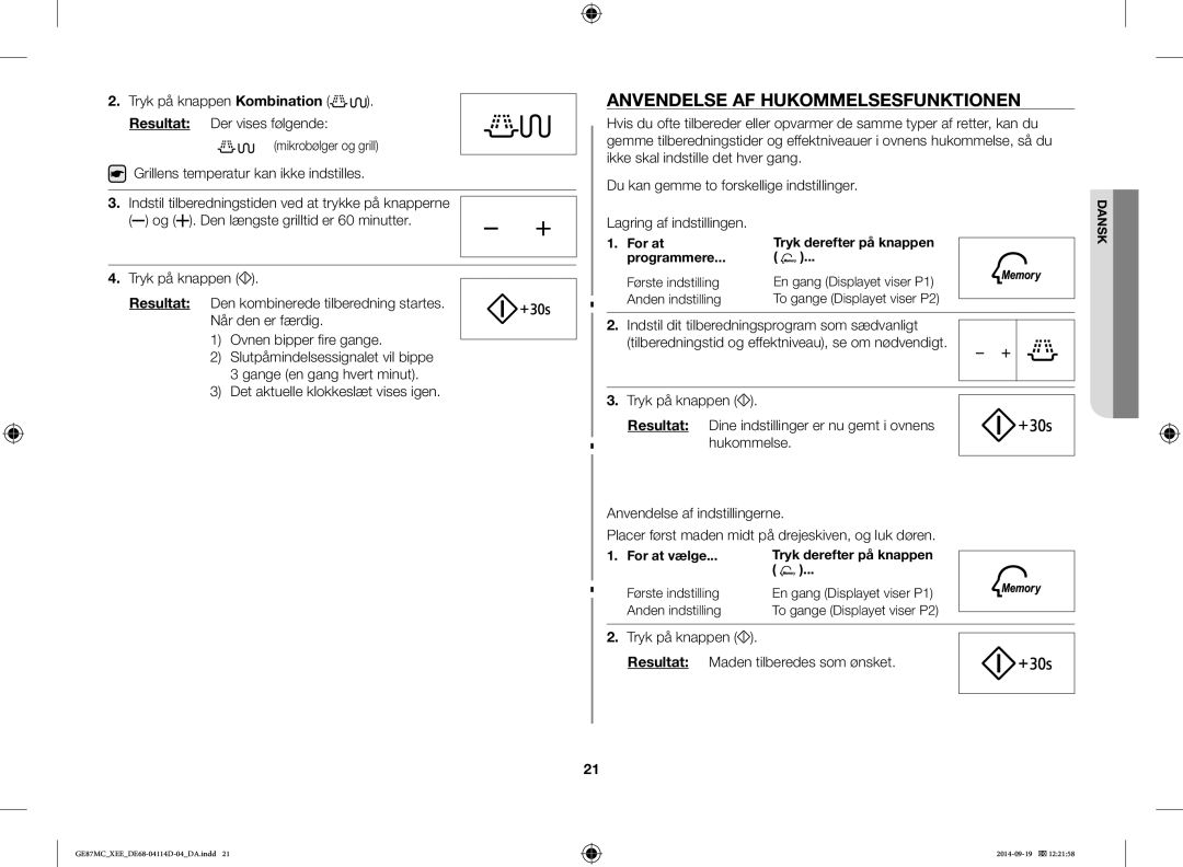 Samsung GE87MC/XEE manual Anvendelse AF Hukommelsesfunktionen 