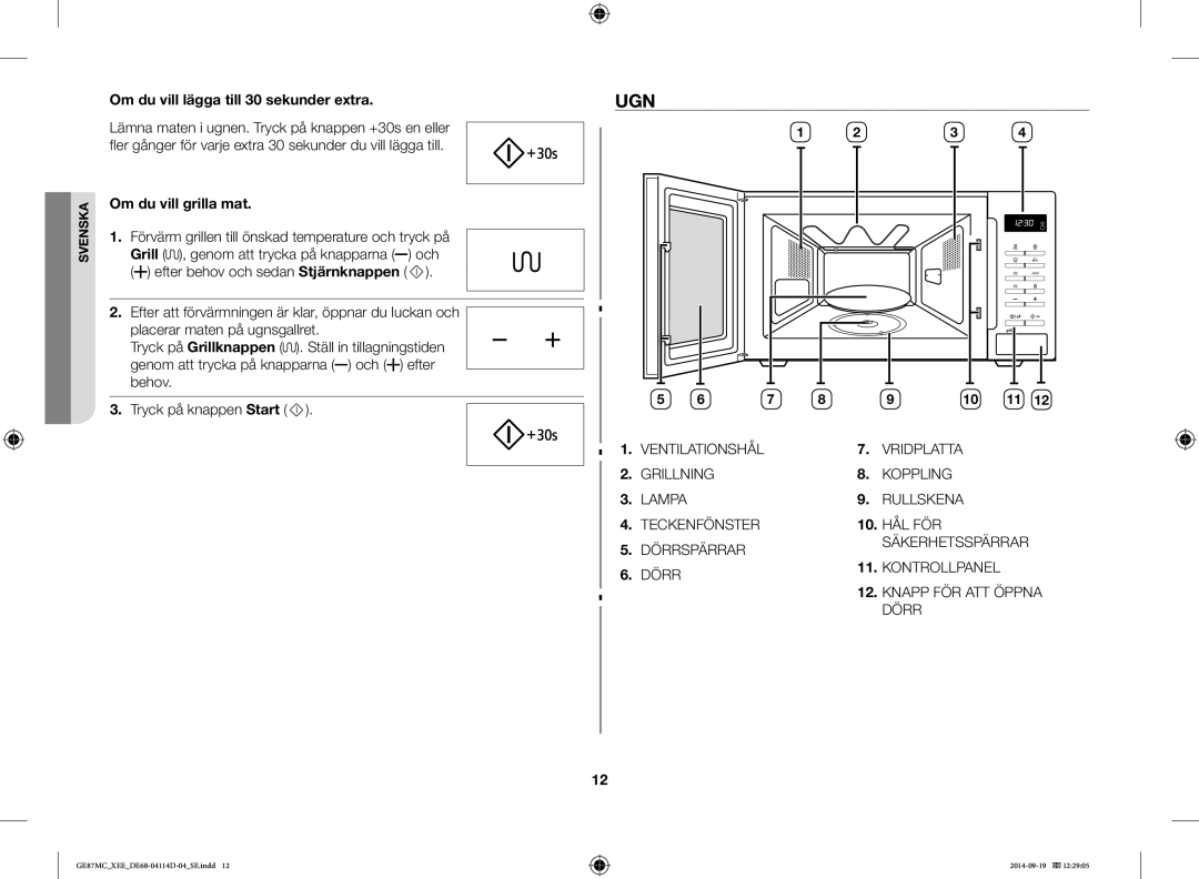 Samsung GE87MC/XEE manual Ugn, Om du vill lägga till 30 sekunder extra, Om du vill grilla mat Grill 