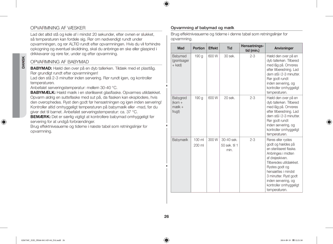 Samsung GE87MC/XEE manual Opvarmning AF Væsker, Opvarmning AF Babymad, Mad Portion Effekt Tid 