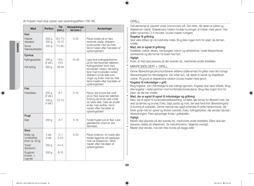 Samsung GE87MC/XEE manual Mikrobølger + Grill, Al frosset mad skal optøs ved optøningseffekt 180 W 