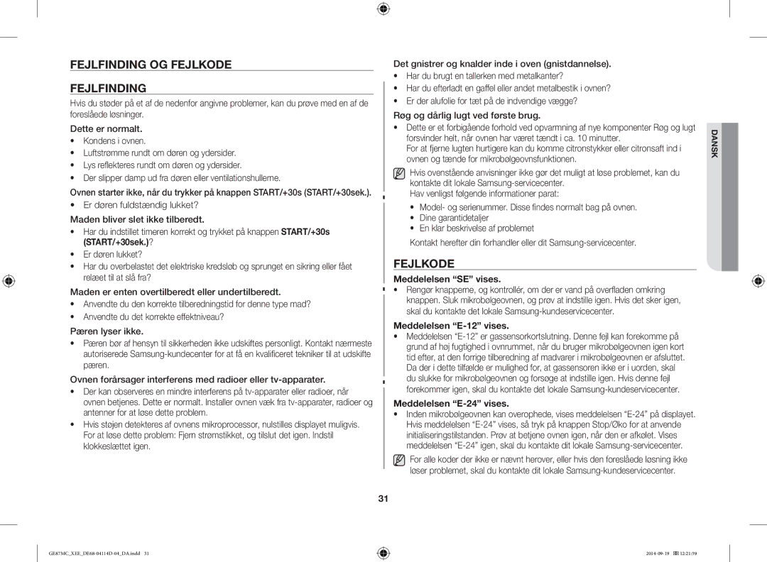 Samsung GE87MC/XEE manual Fejlfinding OG Fejlkode, Meddelelsen SE vises, Meddelelsen E-12 vises, Meddelelsen E-24 vises 